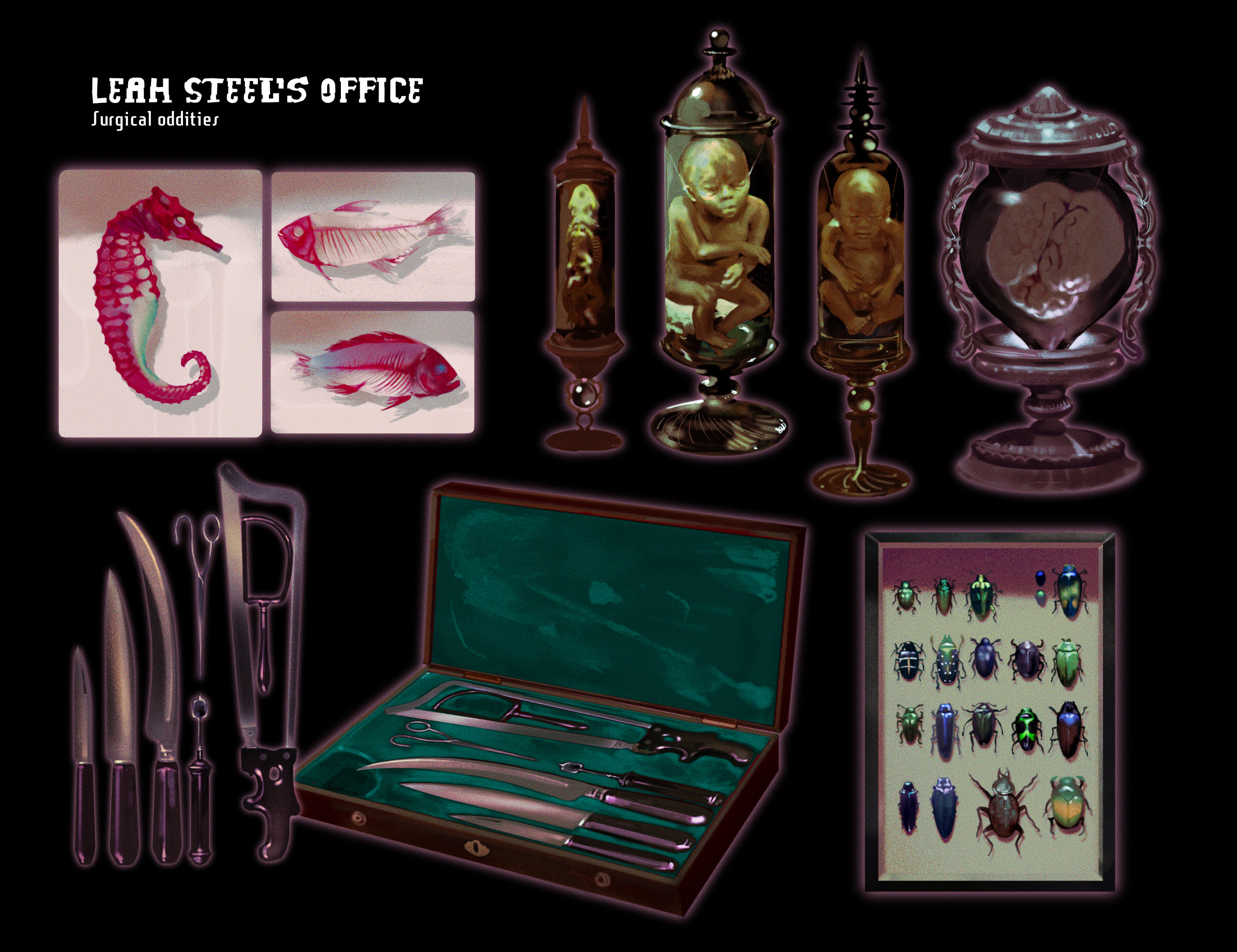 The artefacts displayed throughout Leah’s office reflect her fascination with preservation and mortality. Real medical references were combined with ornate decorative forms, transforming scientific specimens into unsettling collector’s pieces. The artefacts displayed throughout Leah’s office reflect her fascination with preservation and mortality. Real medical references were combined with ornate decorative forms, transforming scientific specimens into unsettling collector’s pieces.